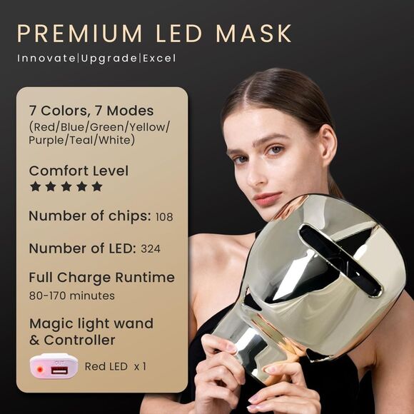 GYH 7-Color LED Light Therapy Face & Neck Mask with Handheld Light Wand - Picture 2 of 6